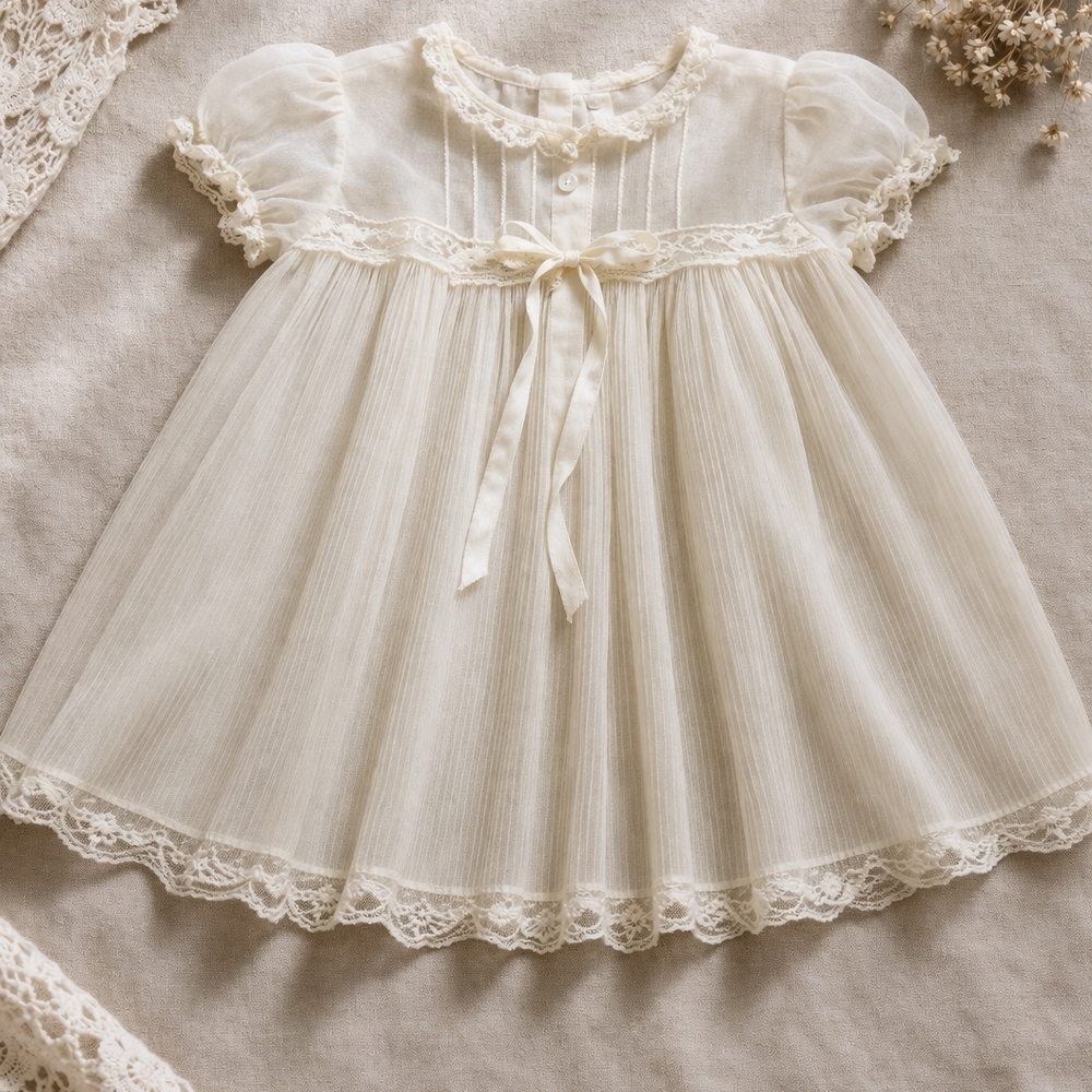 Vtg Madonna Original Baby  Dress 12 Mos Christening Pleated White Sheer Lace